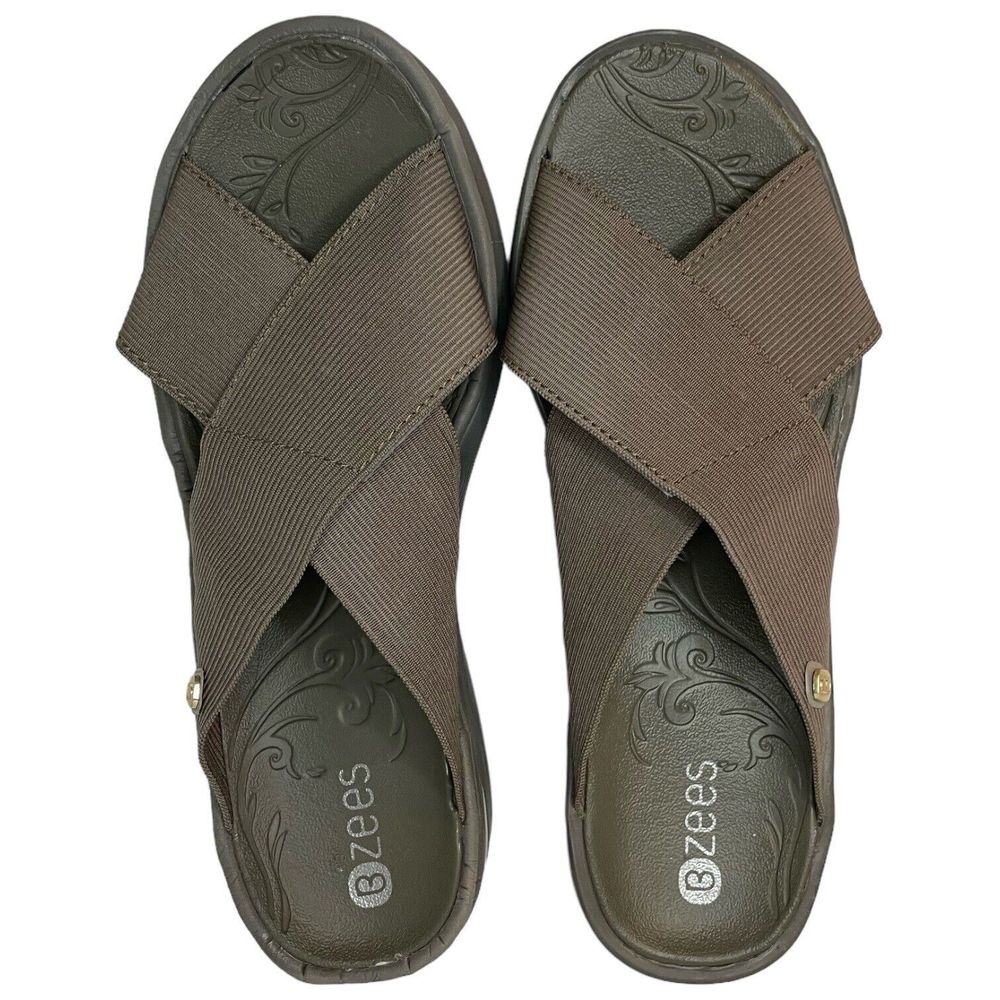 BZees Desire Slides Womens Size 7.5 Taupe Gray Slip On Wedge Criss Cross Sandals